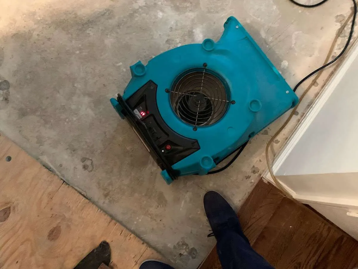 Air mover drying subfloor during Commercial Water Damage Restoration in Dunn Loring